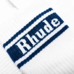 Rhude Stripe Logo Sock - White/Navy -Fashion Clothing Store Rhude Stripe Logo Sock White Navy RHPF22SO05070807 06 14 22 Feature VR